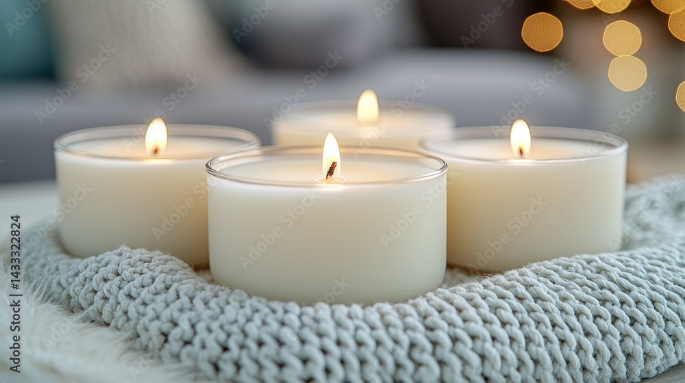 Cozy Candlelight: Three Lit Candles Resting on a Soft Knitted Blanket, Creating a Warm and Serene Atmosphere. Cozy Candlelight: Three Lit Candles Resting on a Soft Knitted Blanket, Creating a Warm and Serene Atmosphere.