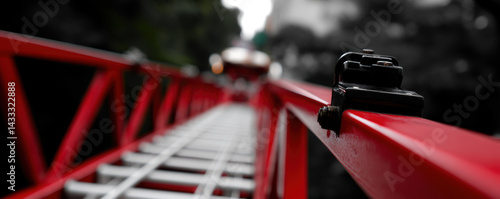 narrow red service ladder leads into distance, showcasing unique perspective. focus on metallic details evokes sense of adventure and exploration