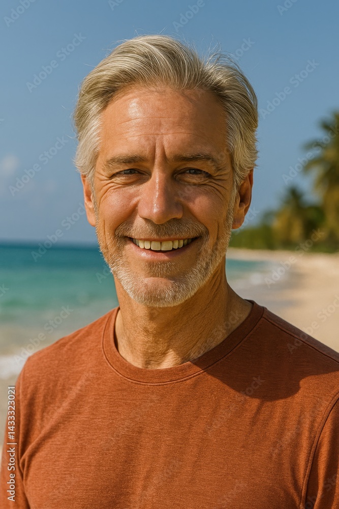 Mature man smiling warmly on a tropical beach at midday. AI-generated