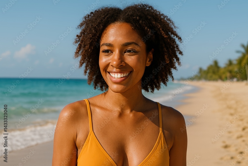 Smiling woman enjoying a tropical beach under summer sunlight. AI-generated