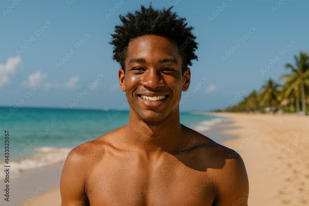 Confident man smiling under tropical sun on a peaceful beach. AI-generated