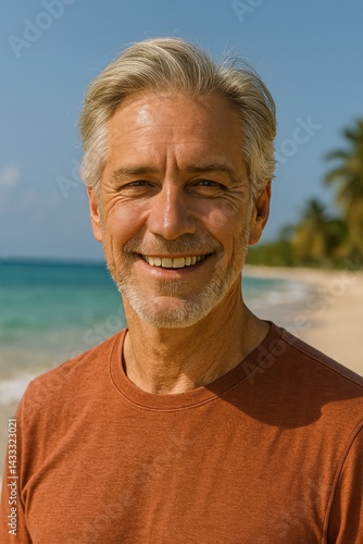 Obraz na płótnie Mature man smiling warmly on a tropical beach at midday. AI-generated w salonie
