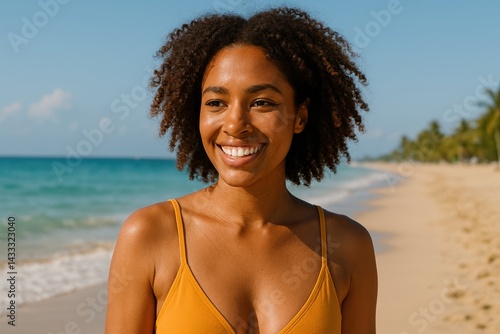 Smiling woman enjoying a tropical beach under summer sunlight. AI-generated