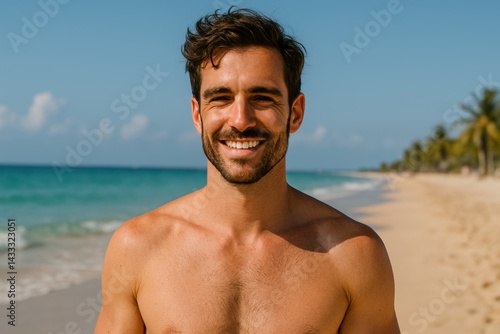Obraz na płótnie Smiling man enjoying summer sun on a tropical beach. AI-generated w salonie