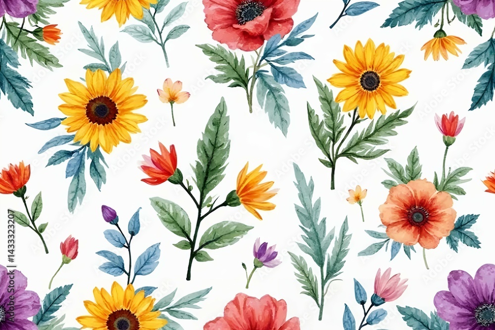 Seamless pattern of hand-painted wildflowers Seamless pattern of hand-painted wildflowers