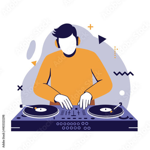 DJ mixing music on turntables with headphones vector illustration in modern style 
