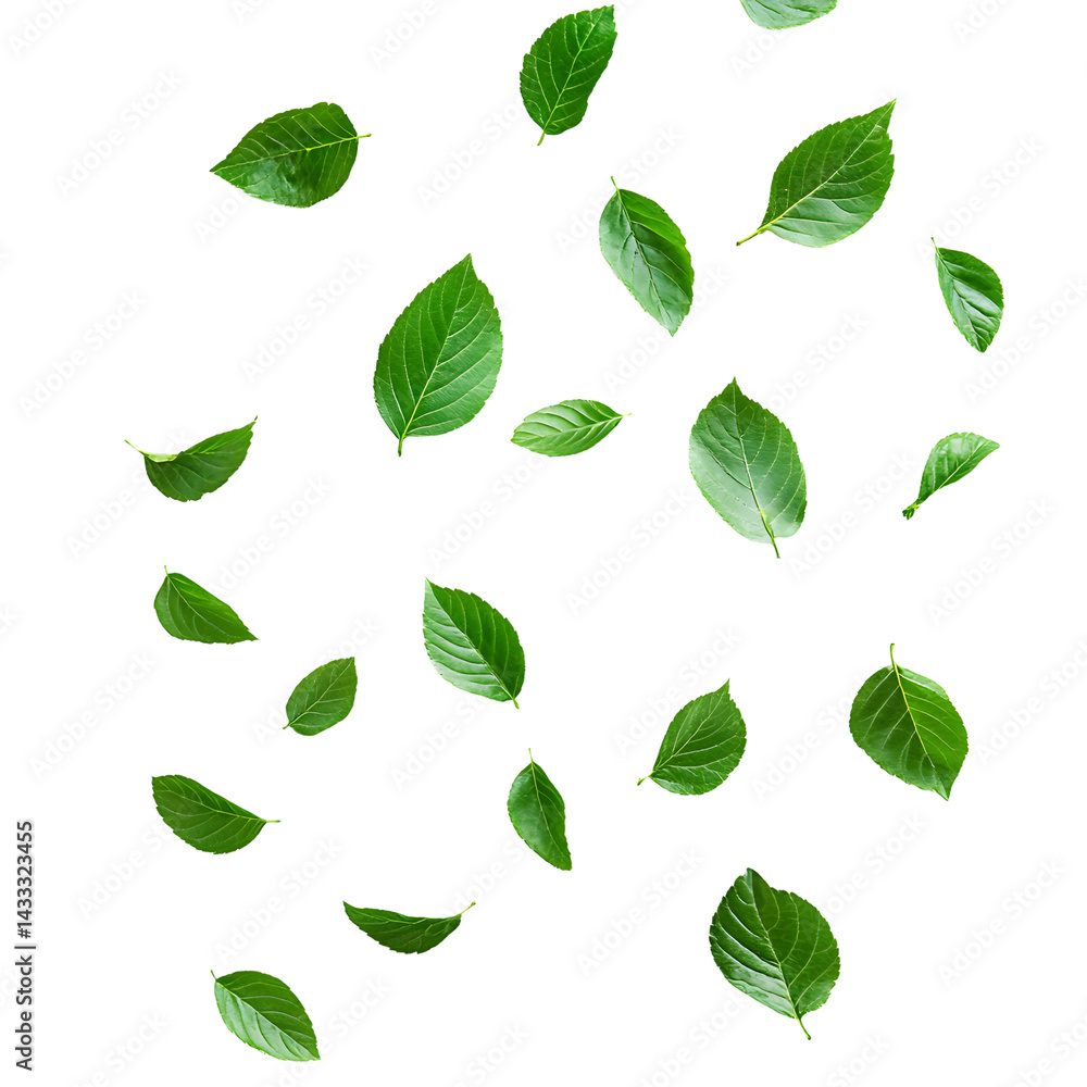 Fototapeta premium photo green leaves falling separately on a white background