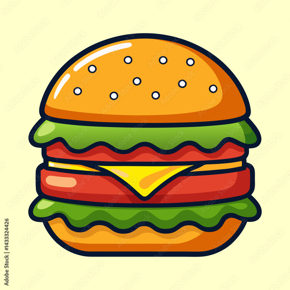 Cartoon burger with lettuce, cheese, tomato, and sesame seed bun illustration Cartoon burger with lettuce, cheese, tomato, and sesame seed bun illustration
