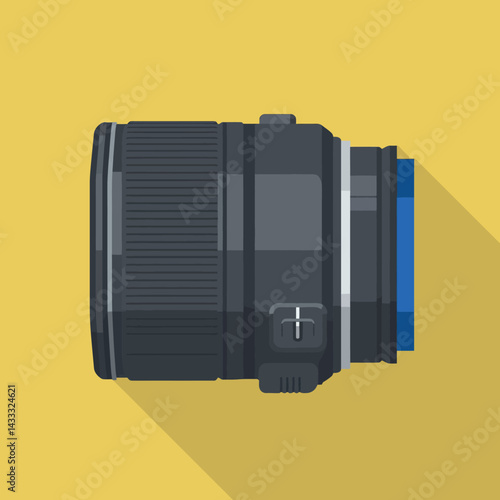 Camera lens equipment photography accessory flat design vector illustration yellow background 