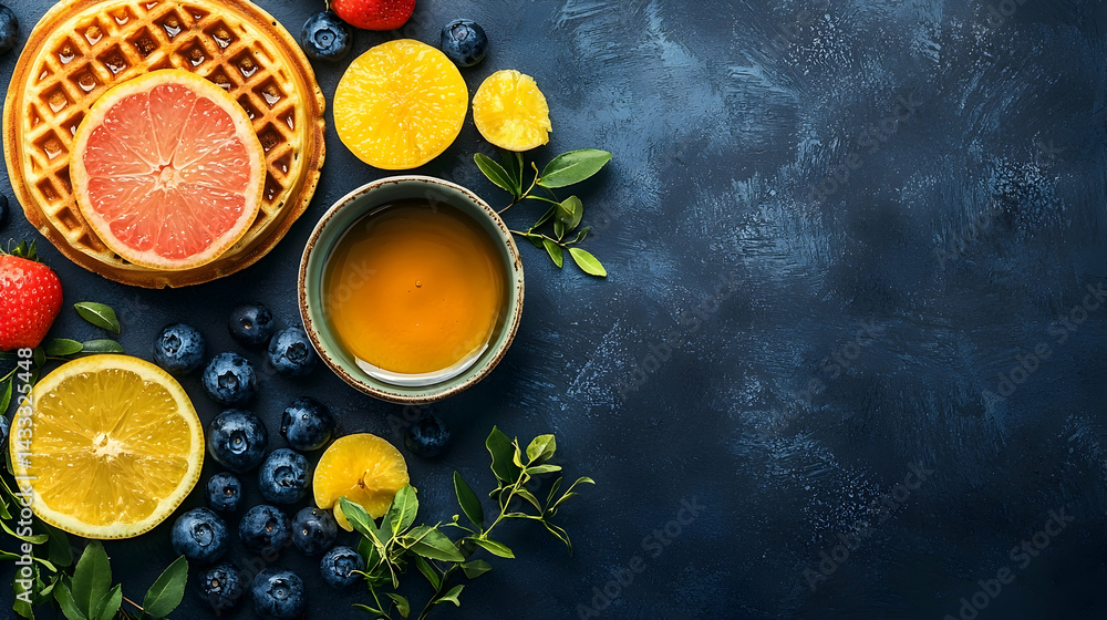 Delicious Waffles with Berries and Citrus Fruit Breakfast on Dark Background Delicious Waffles with Berries and Citrus Fruit Breakfast on Dark Background