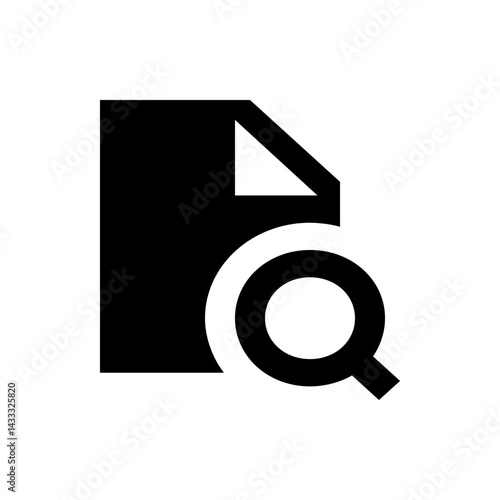 Black and white graphic of a document icon with a folded corner and a magnifying glass overlaying it