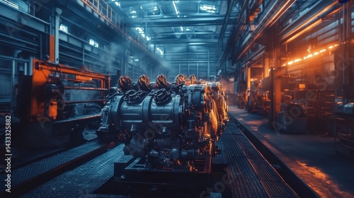 Interior of a manufacturing plant with raw engine materials and machining equipment