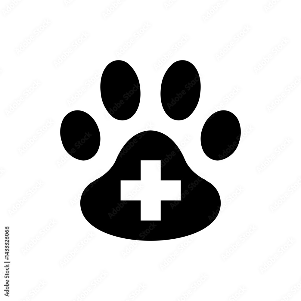 Black paw print with a white medical cross symbol representing veterinary care and animal health services Black paw print with a white medical cross symbol representing veterinary care and animal health services