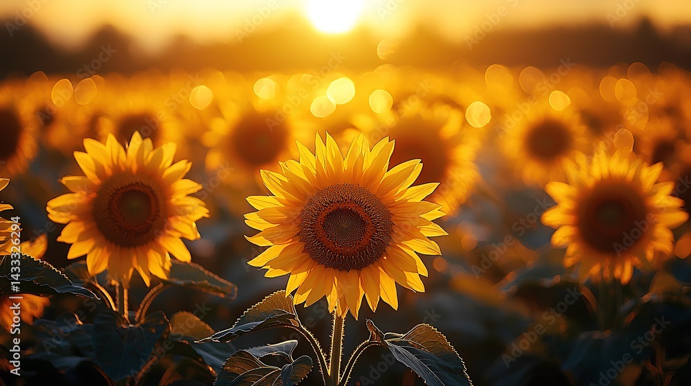 Fototapeta premium A majestic sunflower field bathed in golden sunset light creating a warm and inviting atmosphere