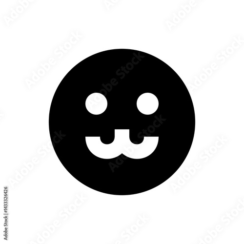 Illustration of a black circle with two white dots and a white w shaped mouth forming a simple face