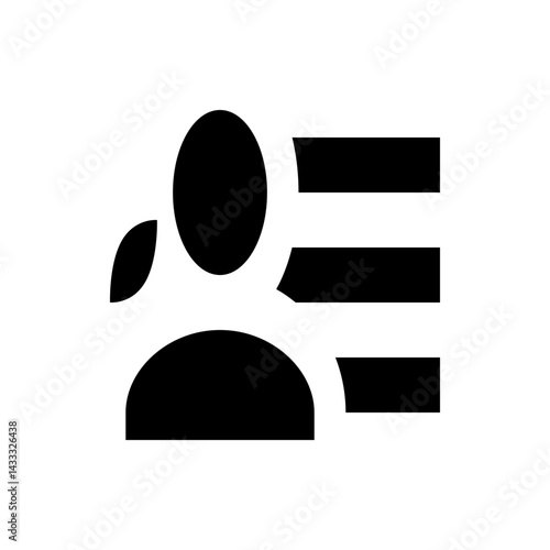 Black and white graphic of a person icon with a circular head and horizontal bars representing text boxes