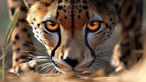 Close-up of a cheetah (Acinonyx jubatus) with intense golden eyes and sleek fur, crouching low in the tall grass before a sprint. 