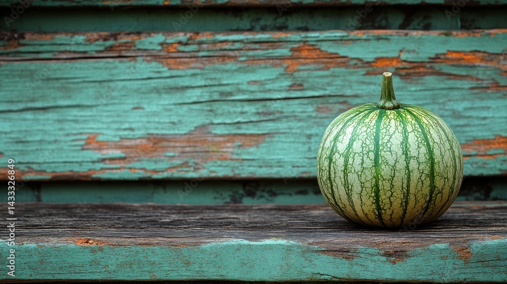 Small, green decorative gourd on weathered wooden planks