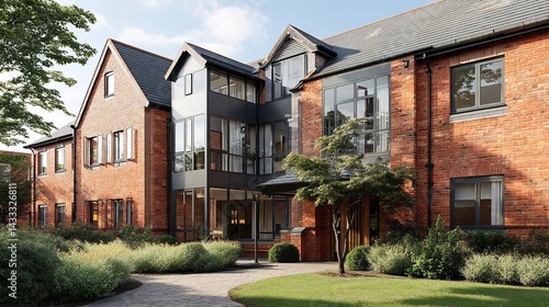 An outside view of a UK residential care facility. A brick structure surrounded by green plants and a well-kept grass. A bright summer day in suburban homes. Generative Ai
