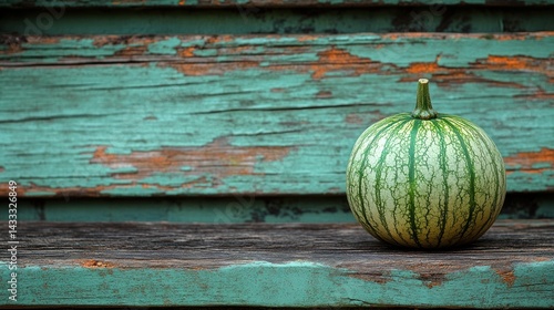Obraz na płótnie Small, green decorative gourd on weathered wooden planks w salonie