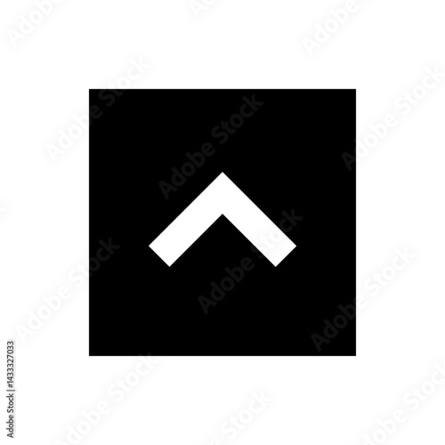 White chevron pointing upward against a black square background in a simple graphic representation style