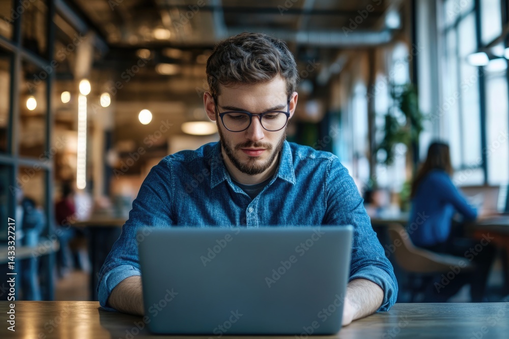 A young man with glasses works on his laptop in a modern, dimly lit office. A young man with glasses works on his laptop in a modern, dimly lit office.