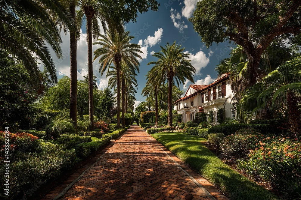 Obraz premium Blue sky, lovely lawn, palm palms, and a luxurious residence. A brick path leads to the entrance of the mansion. Generative Ai
