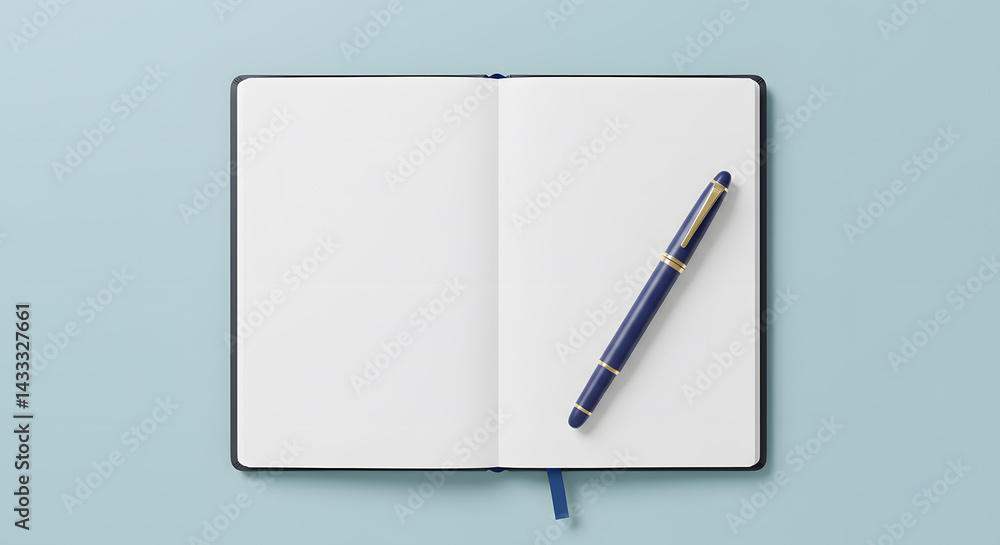 A minimalist composition featuring an open notebook and a pen on a soft blue background, ideal for creative projects and note-taking A minimalist composition featuring an open notebook and a pen on a soft blue background, ideal for creative projects and note-taking