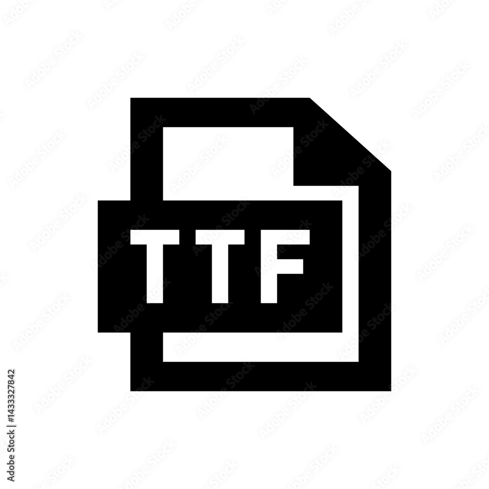 Illustration of a black and white ttf file icon on a white background with a folded corner design element Illustration of a black and white ttf file icon on a white background with a folded corner design element