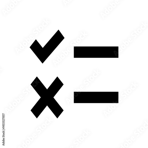 A visual representation of a check mark, cross mark, and two horizontal lines in a simple black and white design
