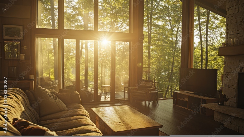 Interior of a home with large windows facing a bright forest Interior of a home with large windows facing a bright forest
