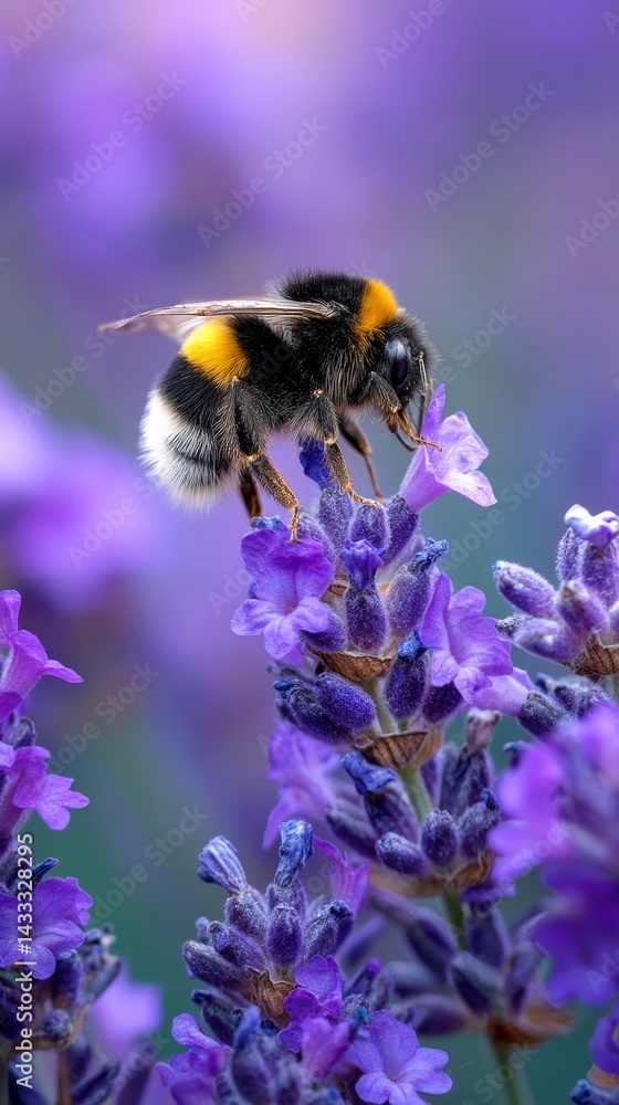 A bumblebee diligently pollinating vibrant lavender flowers in a colorful garden setting A bumblebee diligently pollinating vibrant lavender flowers in a colorful garden setting