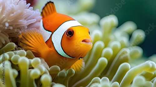 Close-up of a vibrant clownfish hiding in an anemone, with bright orange and white stripes standing out against the green backdrop. 