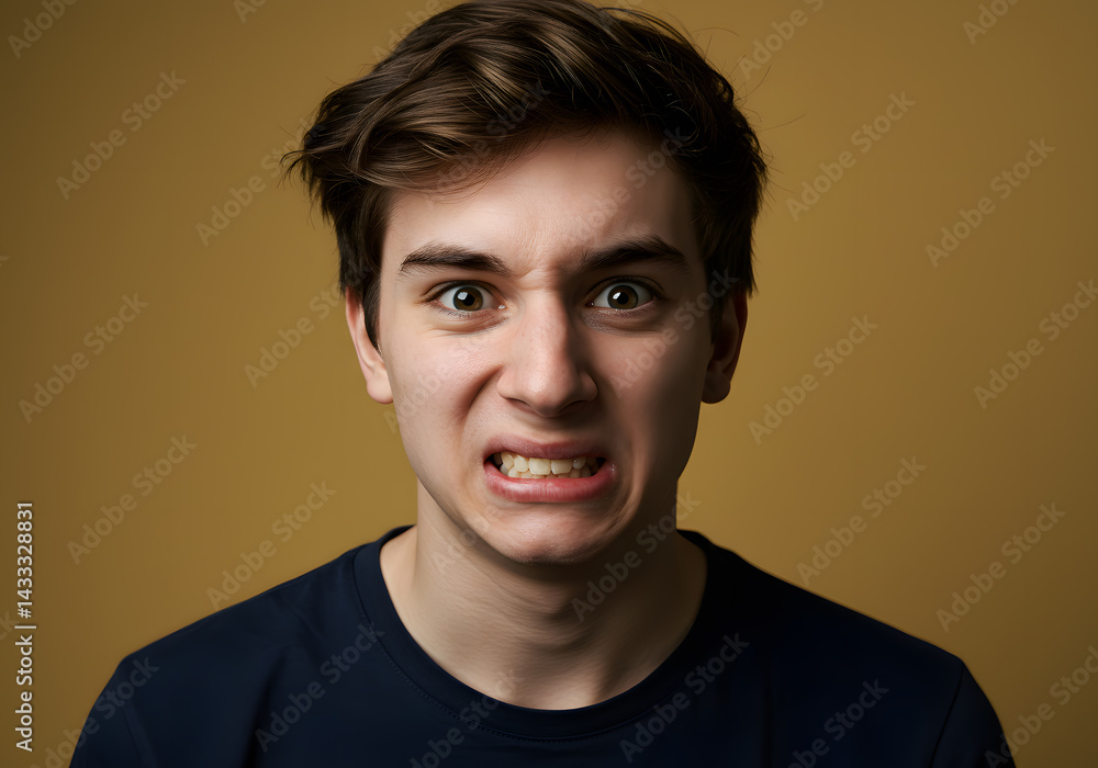 A young man displays a frustrated expression, grimacing with a tense face against a warm background, conveying strong emotions A young man displays a frustrated expression, grimacing with a tense face against a warm background, conveying strong emotions