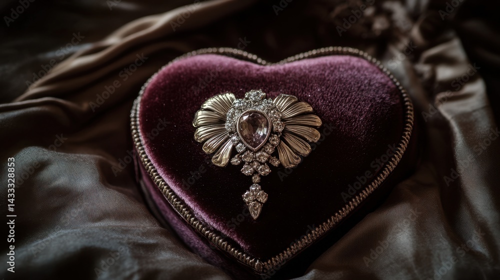 Obraz premium Sparkling jewelry placed inside a luxurious heart-shaped velvet case on soft fabric