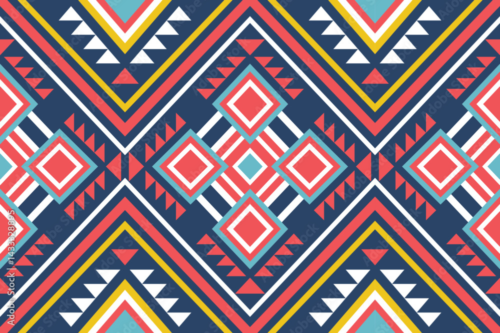 Geometric pattern with triangles and diamonds creates a vibrant design that could be used for fabric design or a decorative background. Geometric pattern with triangles and diamonds creates a vibrant design that could be used for fabric design or a decorative background.