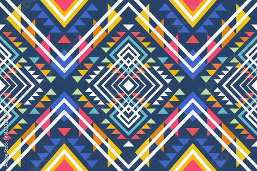 Vibrant geometric pattern featu colorful triangles, diamonds, and lines arranged in a symmetrical and eye-catching design composition.