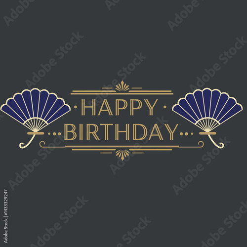 Happy birthday greeting card design with blue fans and golden text elegant style 