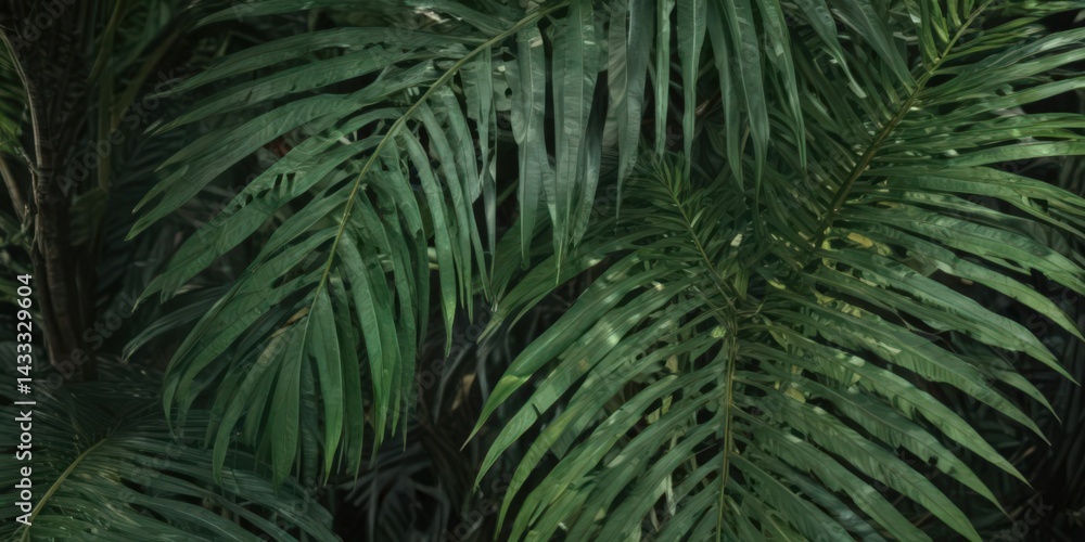 Fototapeta premium Deep emerald palm leaves, intricate vein detail, tropical humidity, green, photography, background
