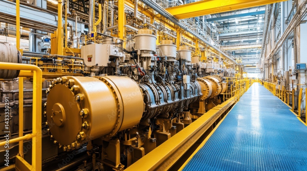 Yellow safety lines mark the walkways beside a row of engines in a well-organized facility Yellow safety lines mark the walkways beside a row of engines in a well-organized facility