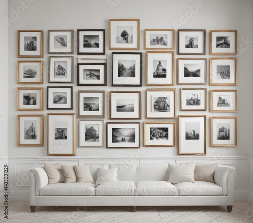 Elegant gallery wall mockup featuring diverse frames in various sizes and styles against a clean white background    different sizes   various styles   wall decor
