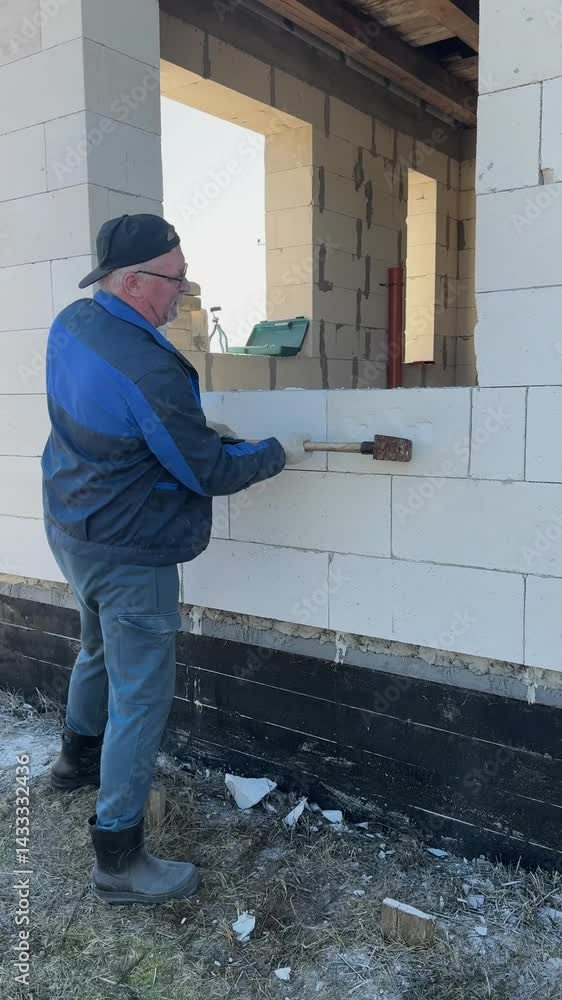 A builder breaks a wall in a house. A builder's work on the reconstruction of a house. A builder breaks a wall in a house. A builder's work on the reconstruction of a house.