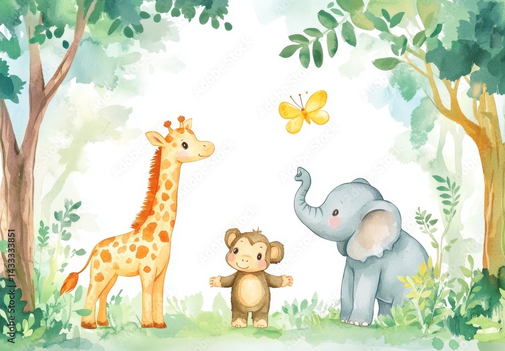 Naklejka premium Cute jungle animals meeting under trees watercolor 
