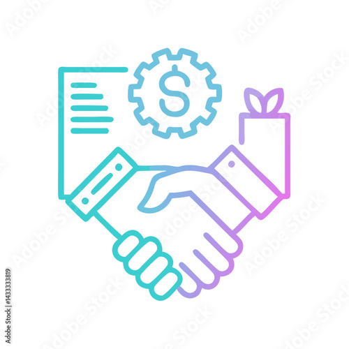 Sustainable investment agreement handshake, dollar symbol, business collaboration