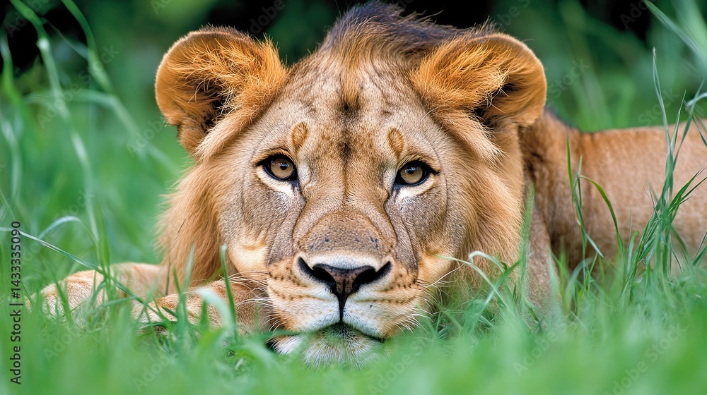 Portrait of a wild African lion resting in the tall grass, a symbol of both power and vulnerability, as it faces the threat of habitat loss. Portrait of a wild African lion resting in the tall grass, a symbol of both power and vulnerability, as it faces the threat of habitat loss.