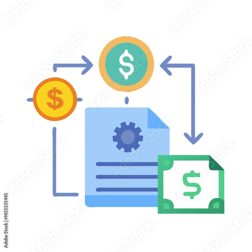 Finance flow diagram with money, document, and dollar