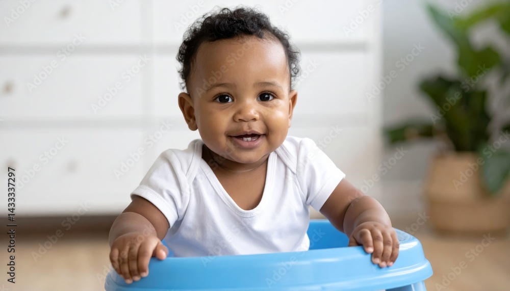 Fototapeta premium Happy African American Baby Boy Sitting in Walker Smiling at Camera