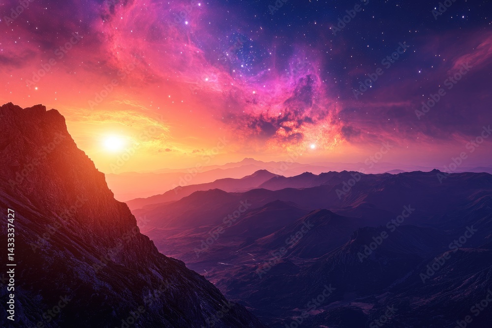 Majestic sunset over a mountain range, vibrant colors of pink, orange, and purple fill the sky, stars twinkle brightly. Majestic sunset over a mountain range, vibrant colors of pink, orange, and purple fill the sky, stars twinkle brightly.