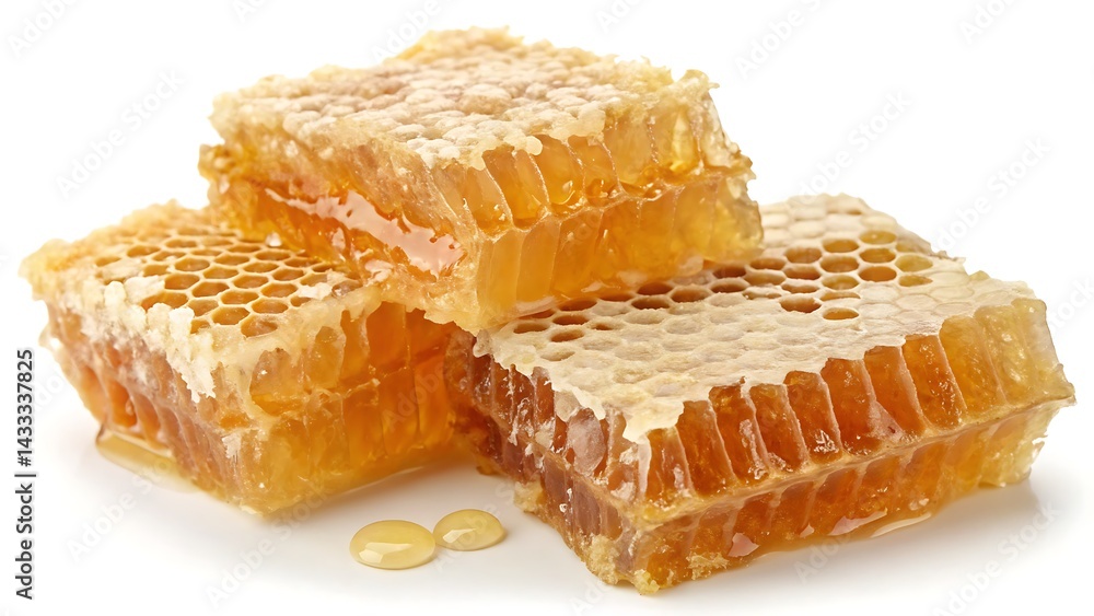 Close-up of golden honey dripping from intricately crafted hexagonal honeycomb, a natural masterpiece of bees’ engineering