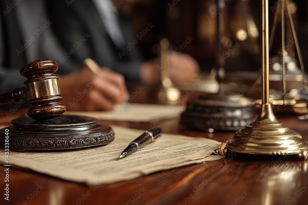 Attorneys debate contract documents at a wooden desk. The gavel scale represents the idea of justice. Generative Ai Attorneys debate contract documents at a wooden desk. The gavel scale represents the idea of justice. Generative Ai